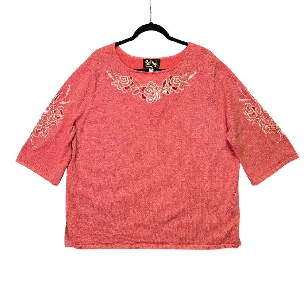 Bob Mackie Wearable Art Rose Embroidered Pink Shimmer 2X Blouse With 3/4 Sleeves